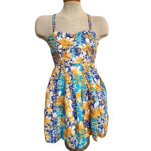 Free People Bright Floral Mini Sun Dress Sz 0 Pockets 100% Cotton Blue Yellow XS